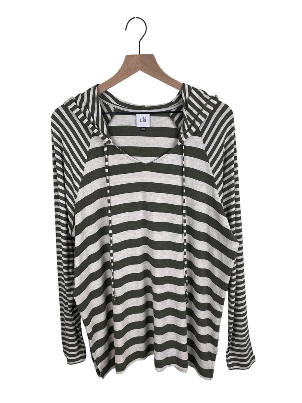 CAbi 3995 Playoff Hoodie in Olive Stripe Size Large Hooded Sweatshirt Soft Knit